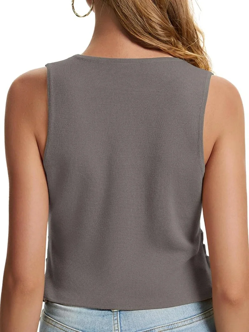 Women's Taupe Sleeveless Button Up Knit Imported Casual Sweater Vest Tank Tops